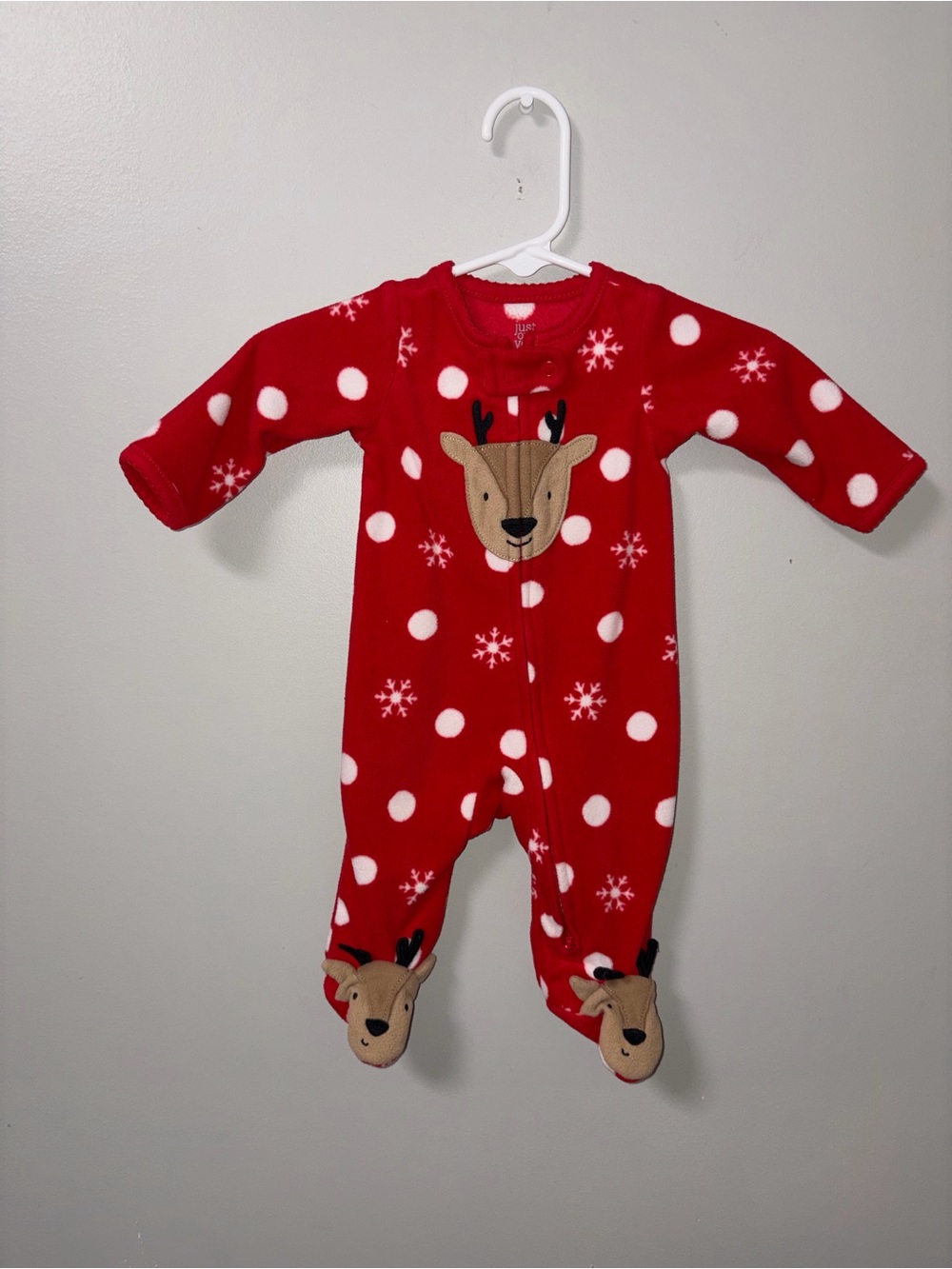 Just One You by Carters Red & White Reindeer Snowflake Print Fleece Footie NB